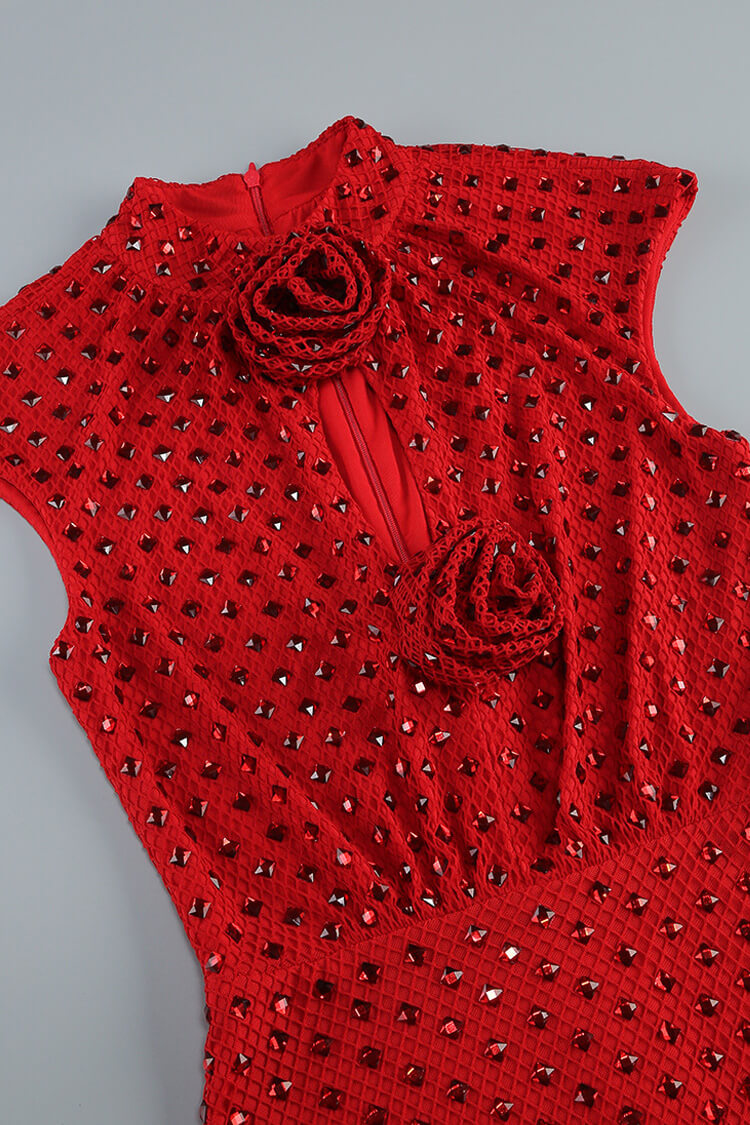 Luxury Rhinestone Rosette Mock Neck Fishnet Cocktail Party Midi Dress