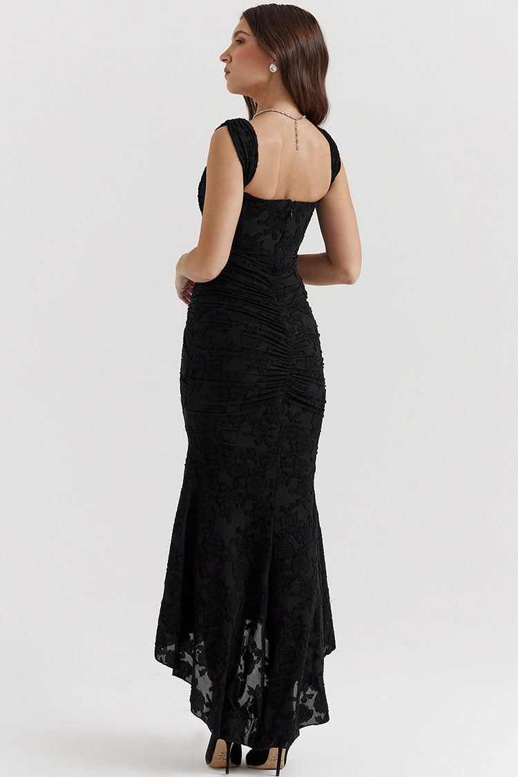 Floral Square Neck Corset Ruched Fishtail High Low Maxi Dress