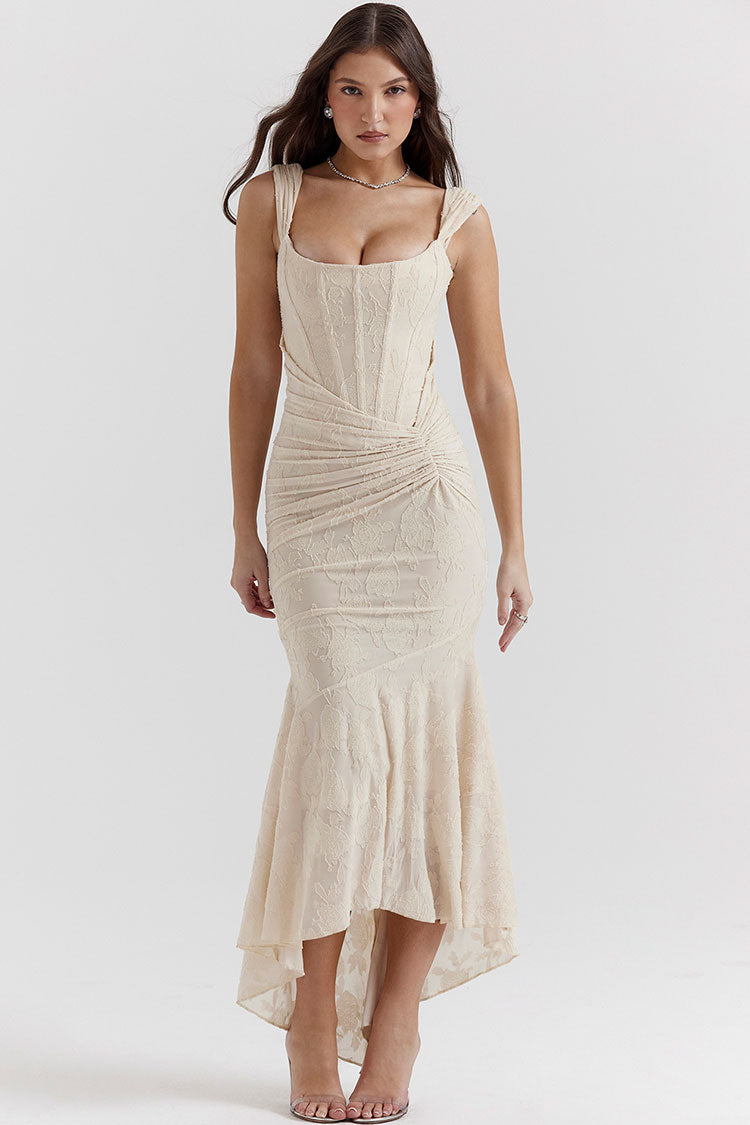 Floral Square Neck Corset Ruched Fishtail High Low Maxi Dress