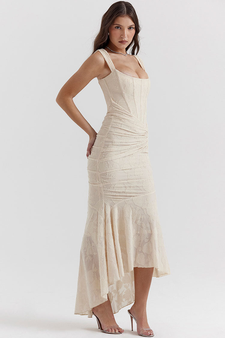 Floral Square Neck Corset Ruched Fishtail High Low Maxi Dress
