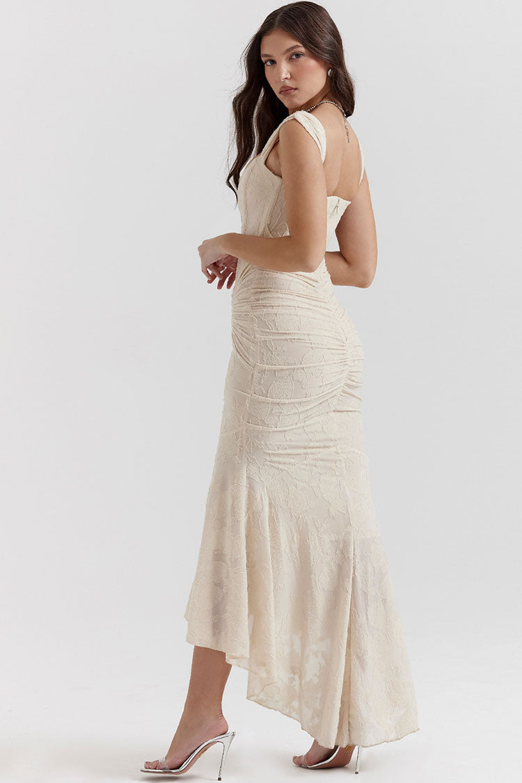 Floral Square Neck Corset Ruched Fishtail High Low Maxi Dress