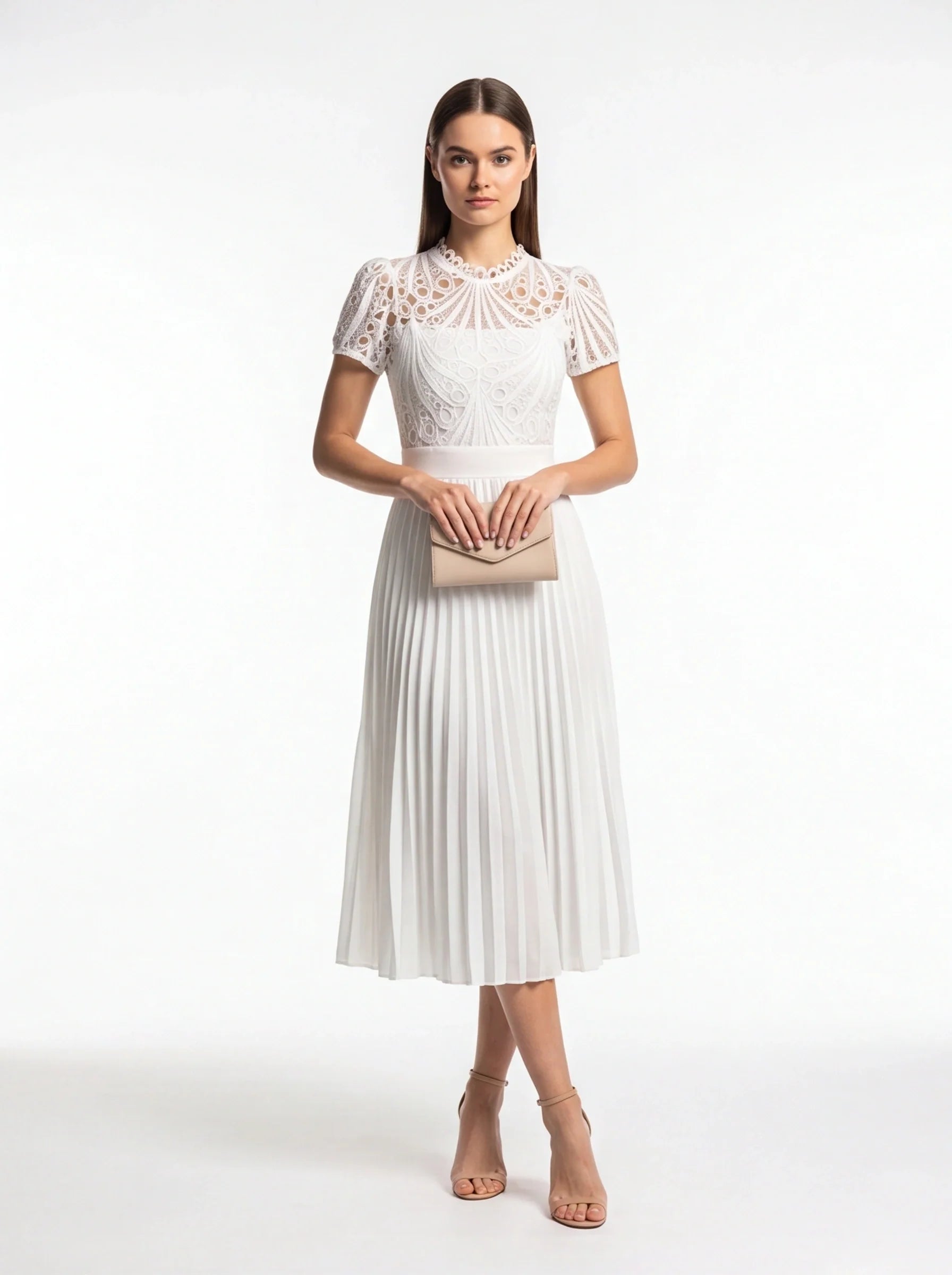 Elegant Pleated Lace Wedding Guest Dress with Cap Sleeves & Midi Lengt