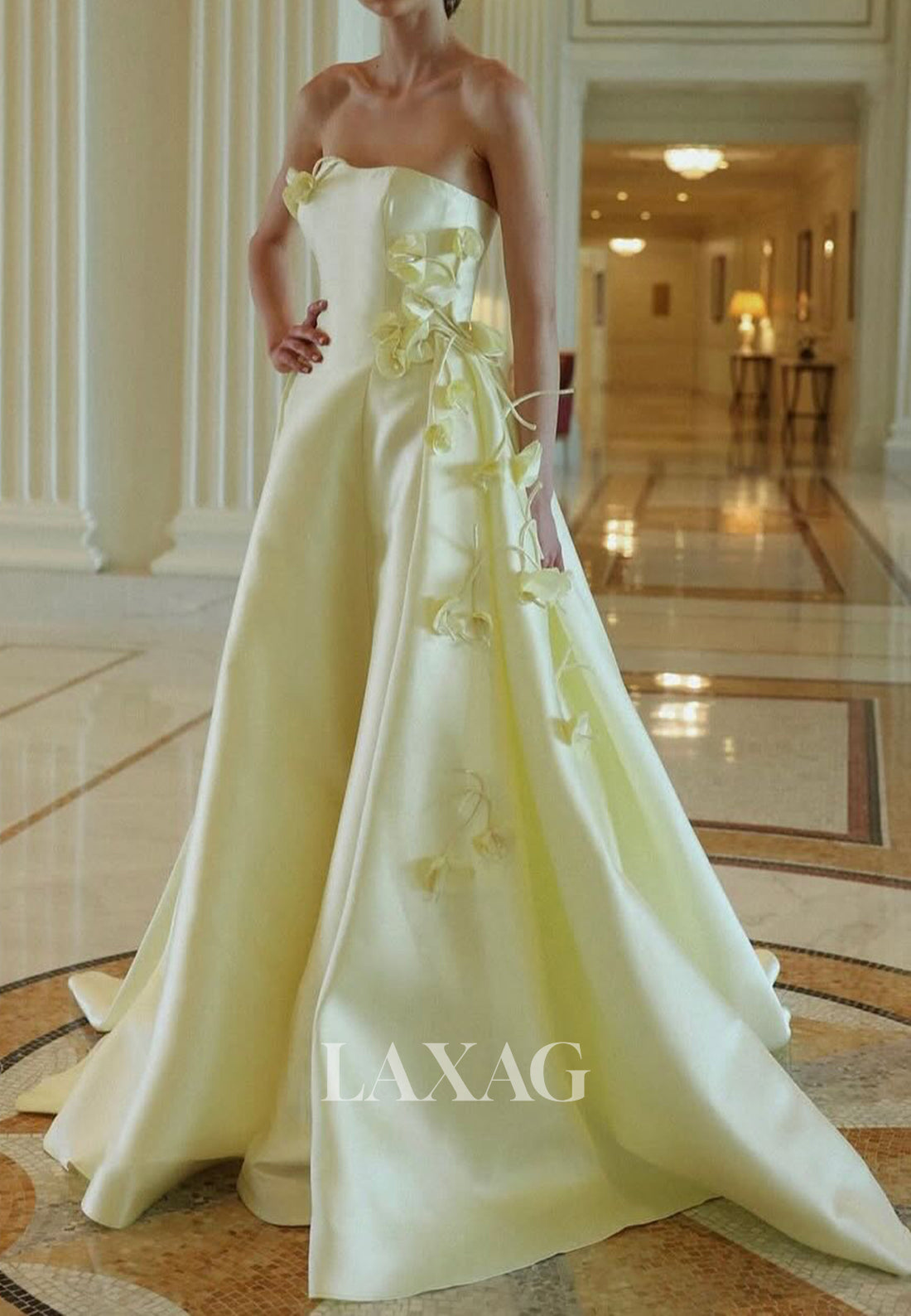 Off-Shoulder Floral Embellished Satin Formal Gowns Tube Top Sleeveless A-Line Evening Dress