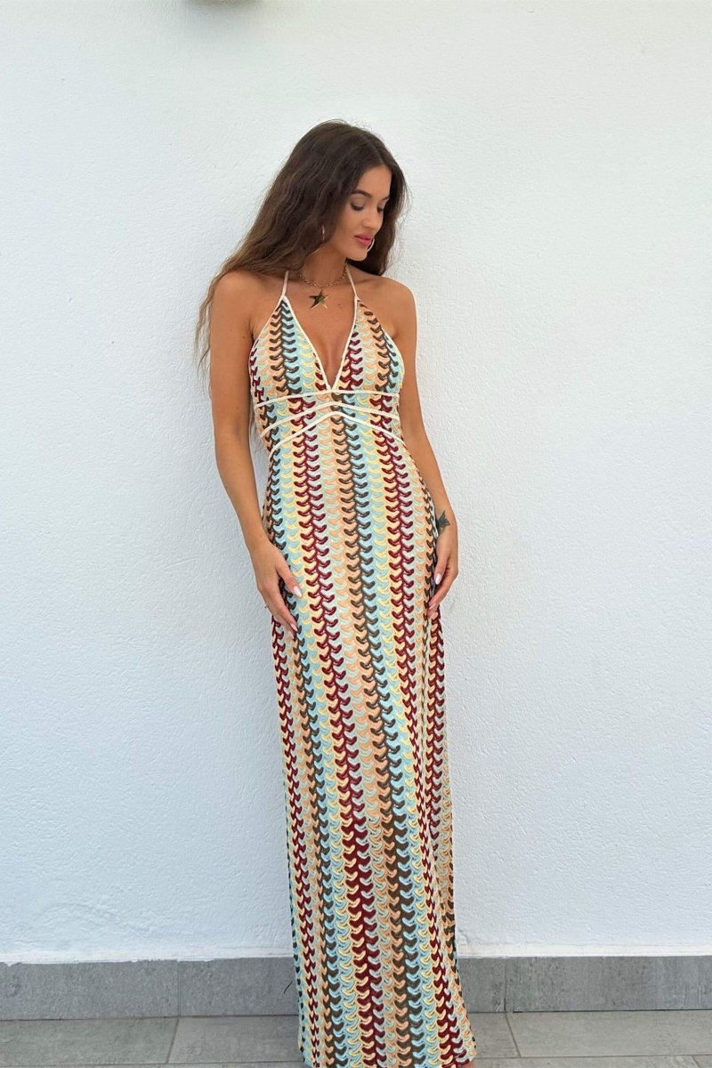 Crochet Halter Neck Deep V-Neck Zigzag Empire Waist Maxi Dress