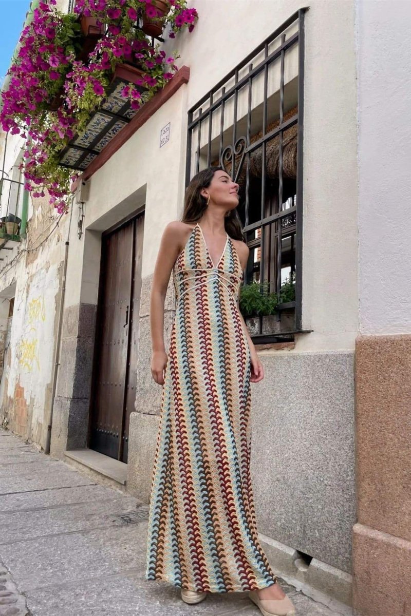 Crochet Halter Neck Deep V-Neck Zigzag Empire Waist Maxi Dress