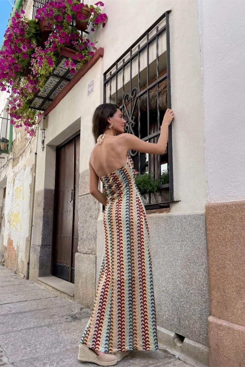 Crochet Halter Neck Deep V-Neck Zigzag Empire Waist Maxi Dress
