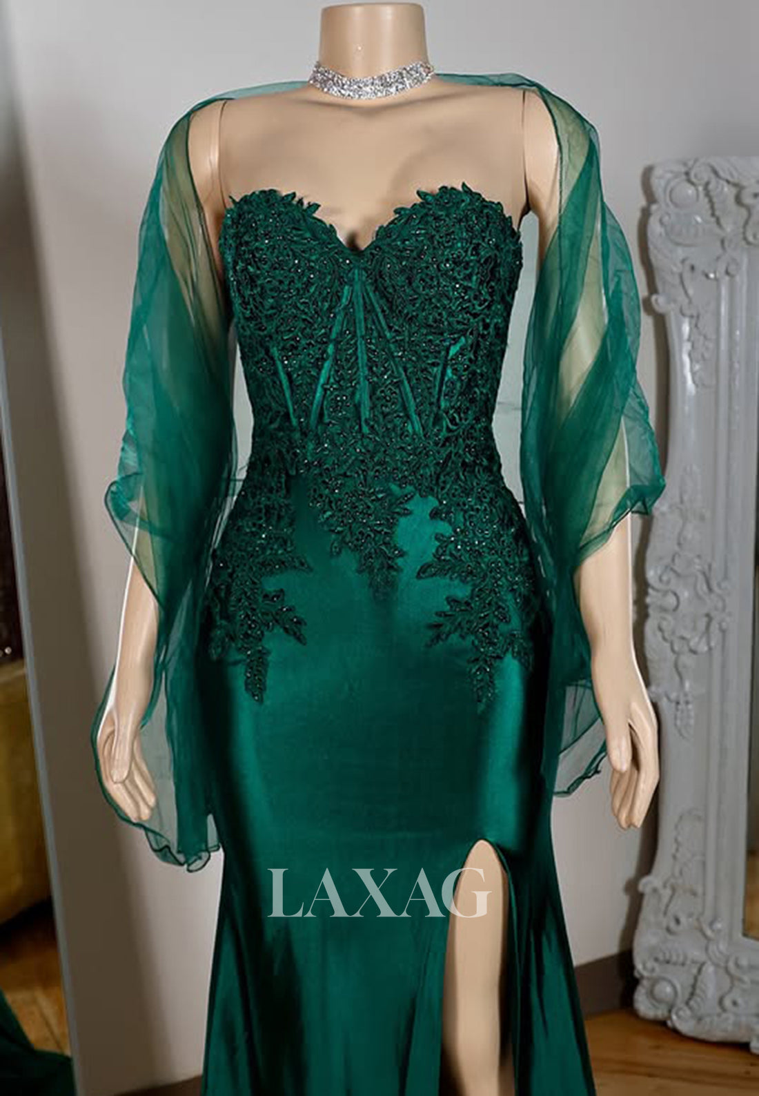 Off-Shoulder Sweetheart Sleeveless Mermaid Prom Dress Beaded Lace Applique Party Gowns with Slit