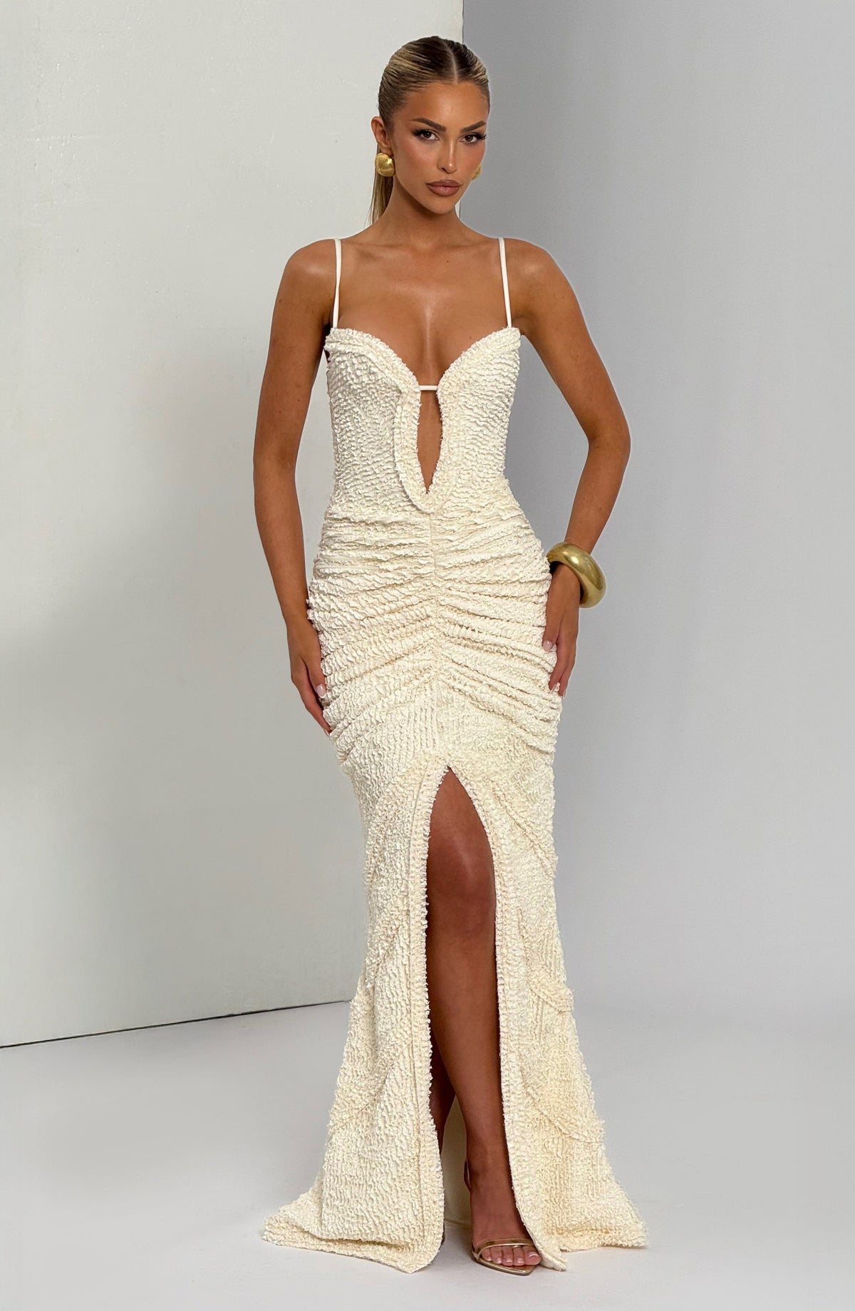 Textured Plunge Keyhole Cami Ruched Front Split Maxi Dress 2