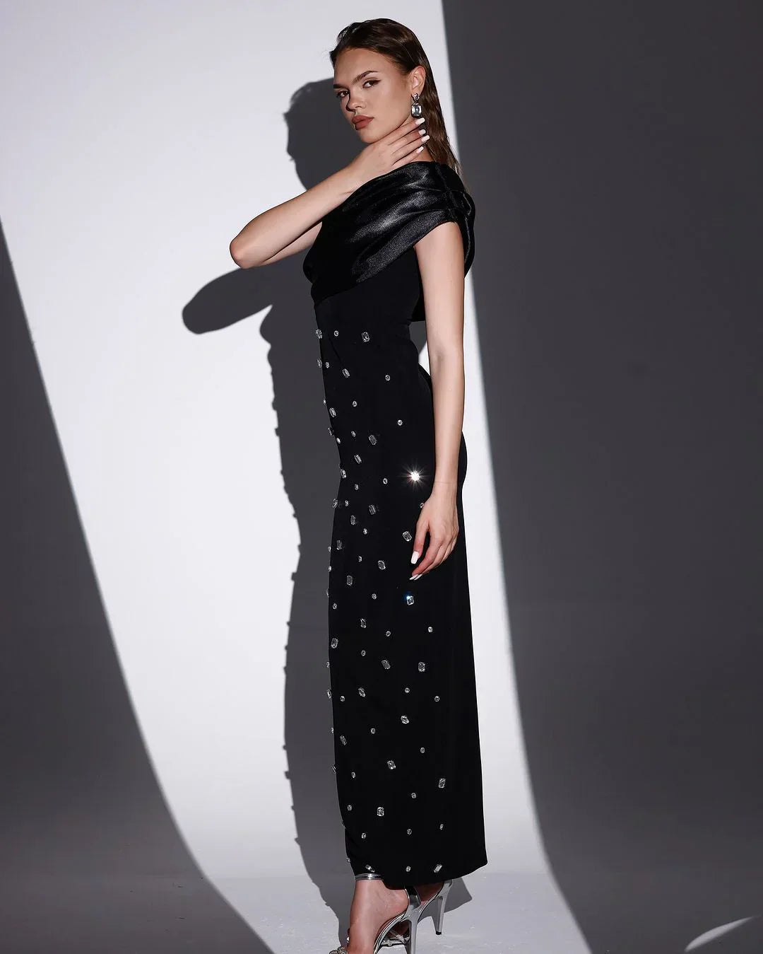 Crystal Embellished One Shoulder Draped Bodice Column Maxi Dress 6