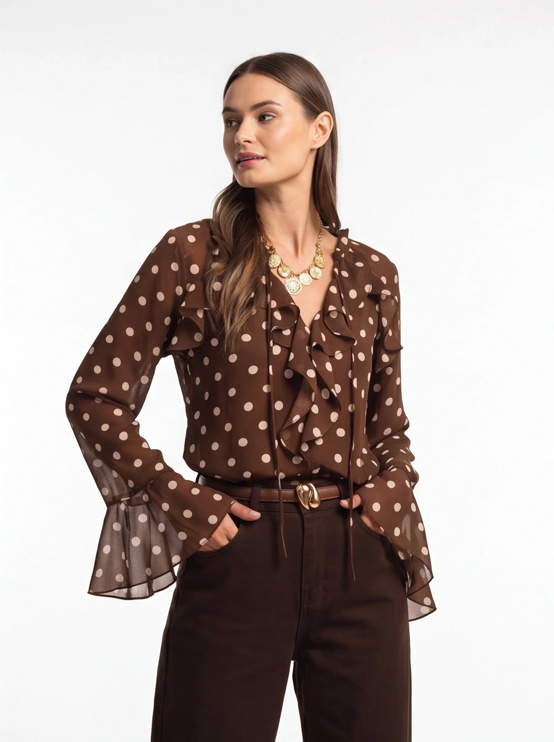 Elegant Vintage Polka Dot Blouse with Soft Fabric and Button Detail - Jamota