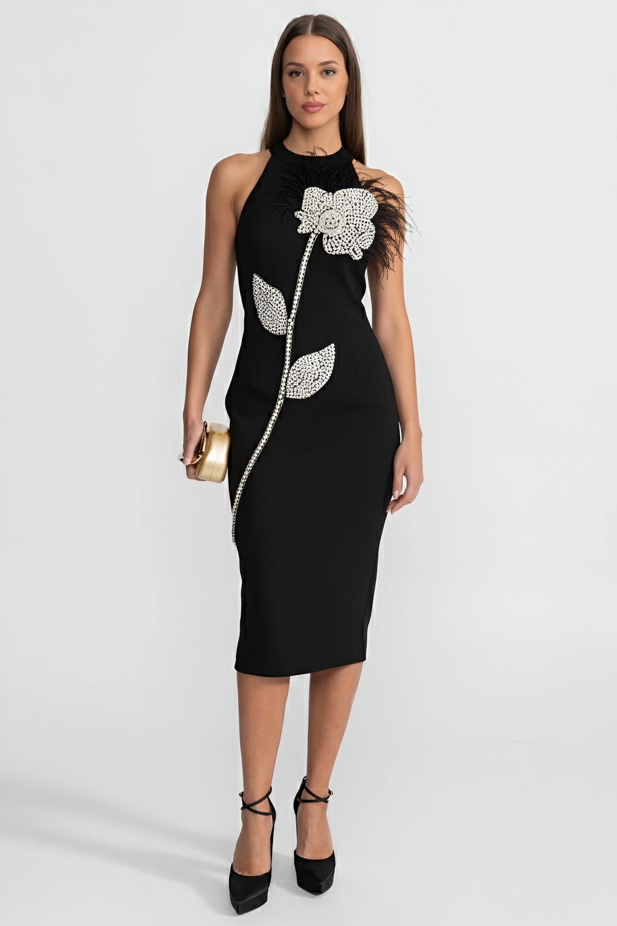 Halter Neck Beaded Flower Applique Feather Trim Bodycon Midi Dress