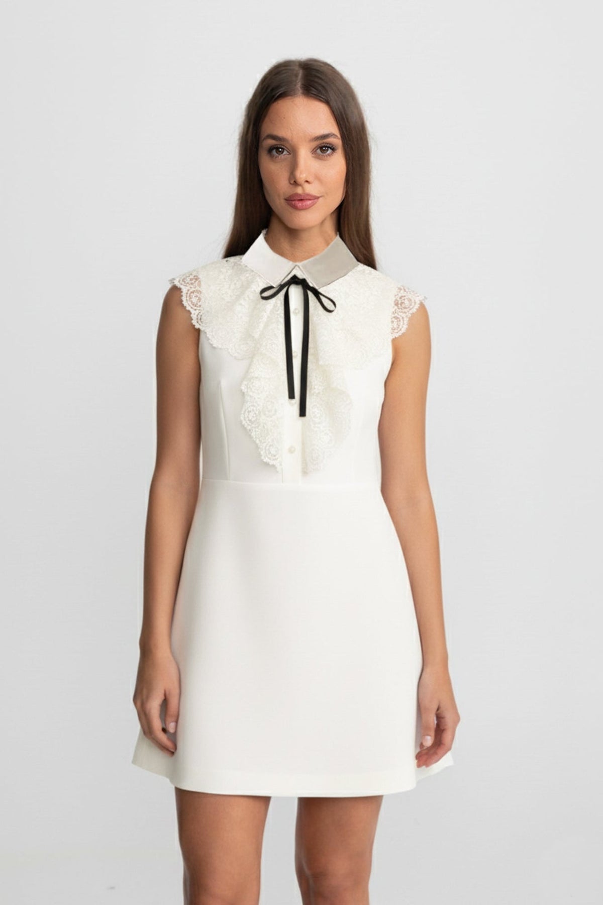 Sleeveless Collared Lace Ruffle Bib Bow Tie A-Line Mini Dress