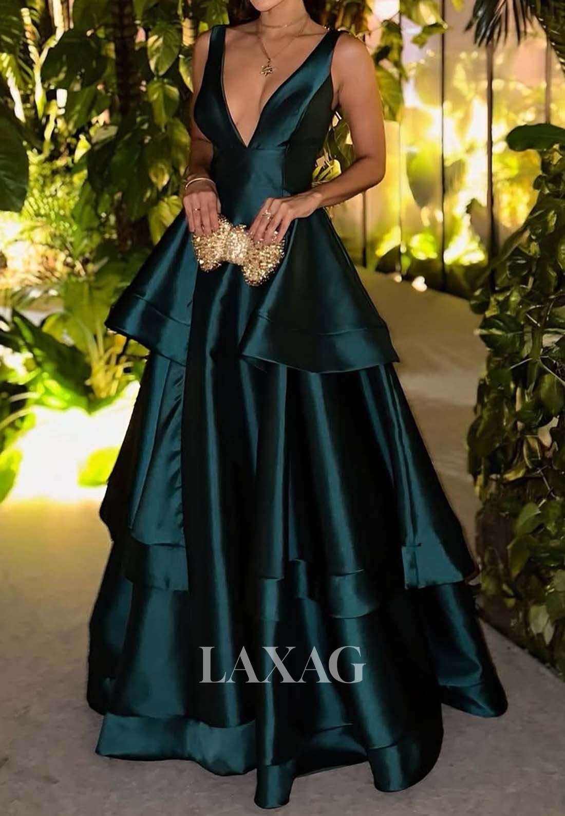 Deep V-Neck Straps Sleeveless A-Line Prom Dress Off-Shoulder Satin Pleated Tiered Evening Gowns