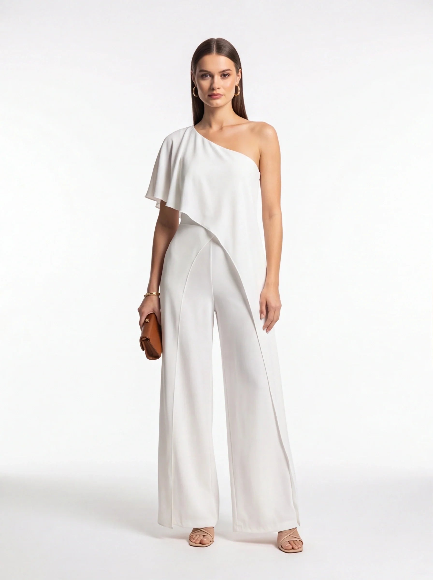 White One-Shoulder Wide-Leg Jumpsuit with Draped Overlay Elegant Evening Outfit with Pockets and Adjustable Straps