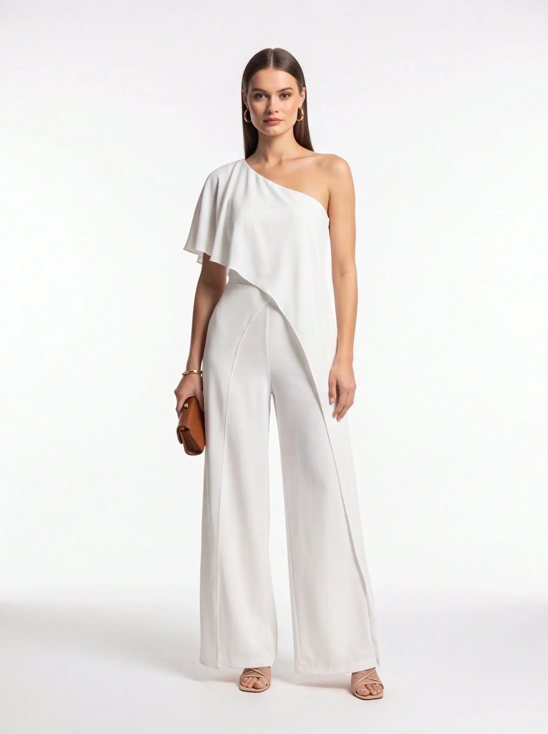 One Shoulder Draped Tiered Overlay Wide Leg Jumpsuit