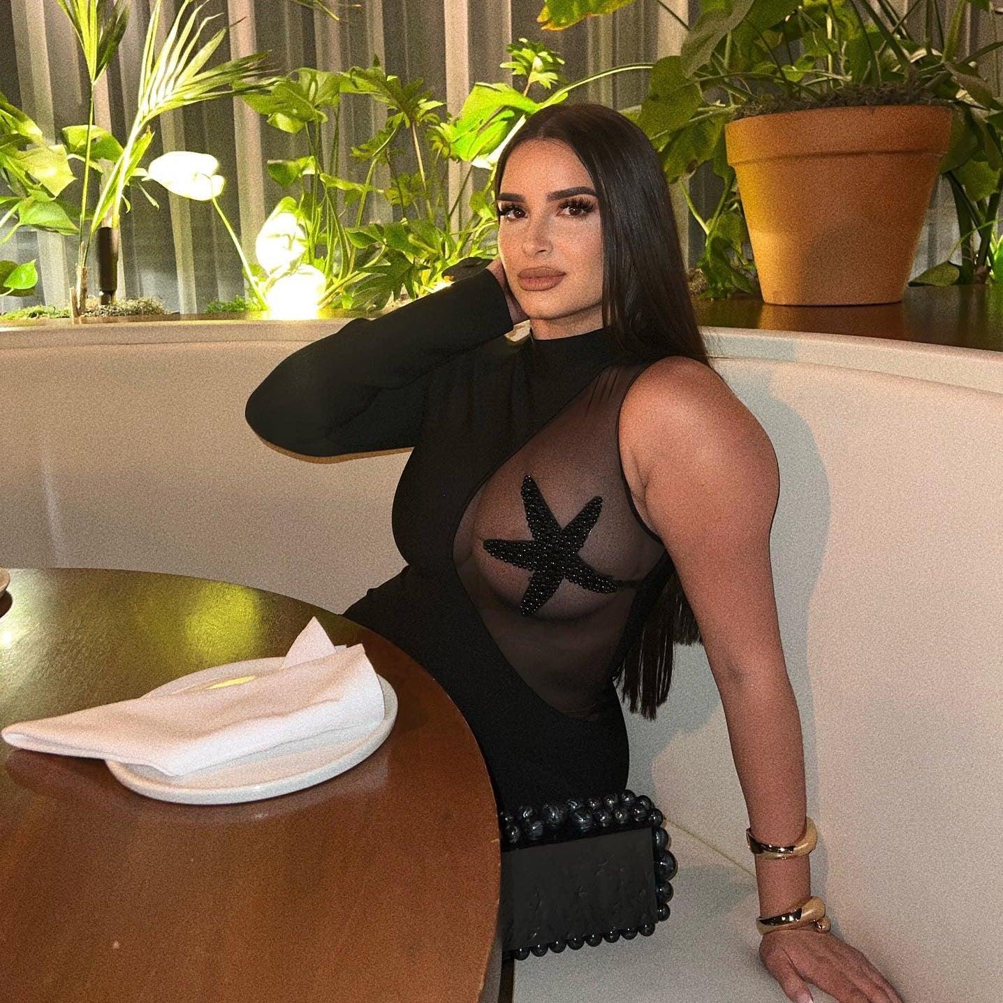 One Shoulder Long Sleeve Starfish Mesh Panel Bodycon Mini Dress