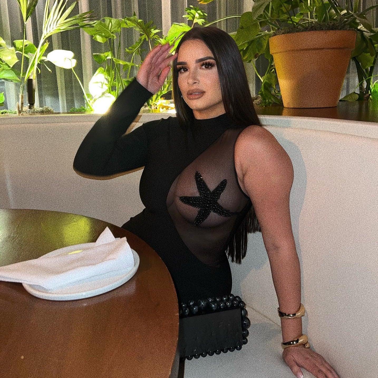 One Shoulder Long Sleeve Starfish Mesh Panel Bodycon Mini Dress
