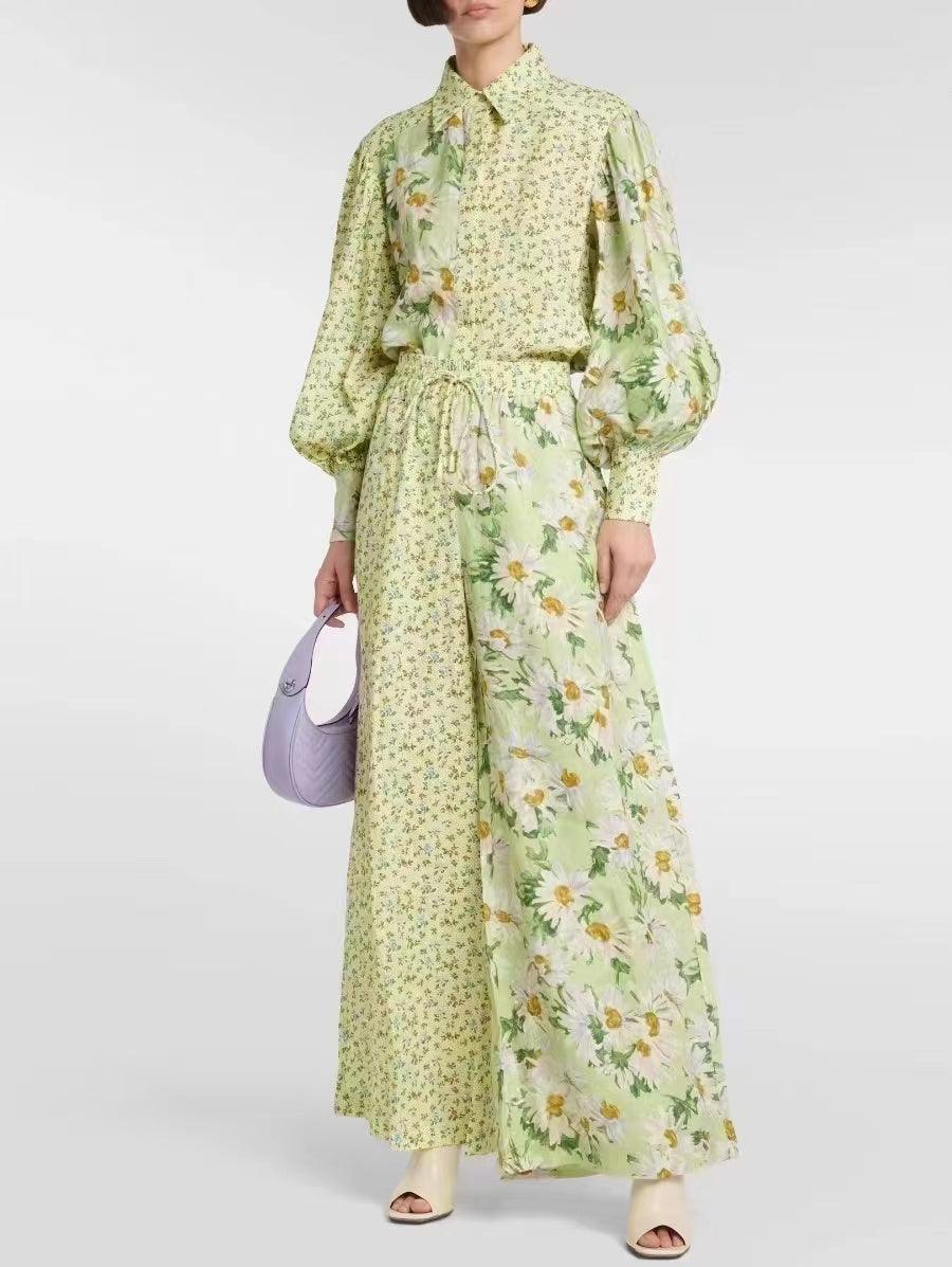 KittenAlarm - Maddie Floral Lantern Sleeve Blouses & Tie Strap Long Pants Set