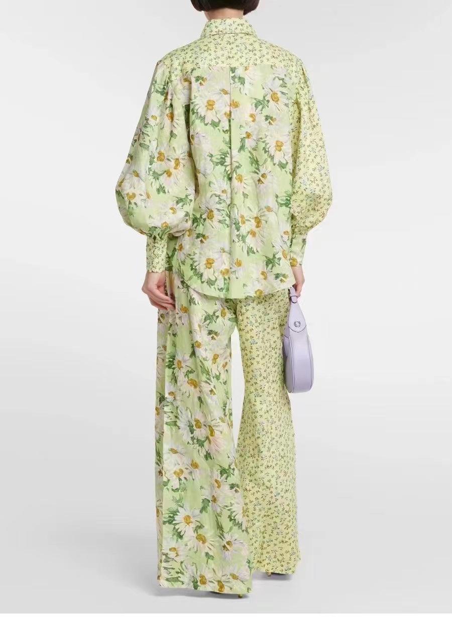 KittenAlarm - Maddie Floral Lantern Sleeve Blouses & Tie Strap Long Pants Set