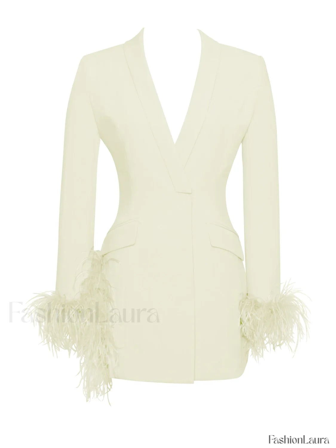 Madeline Pearl White Charming Feather Trim Blazer Dress
