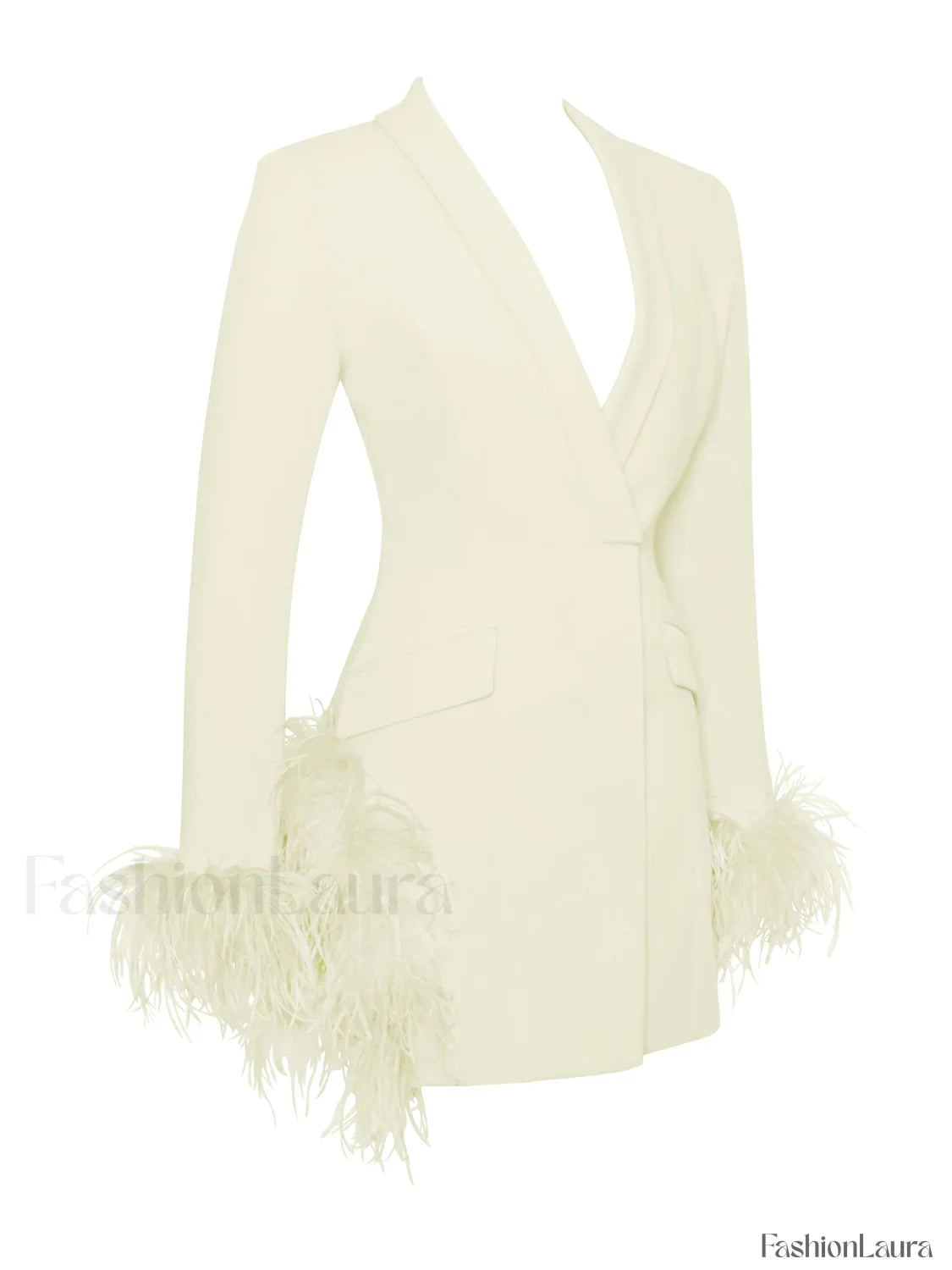 Madeline Pearl White Charming Feather Trim Blazer Dress