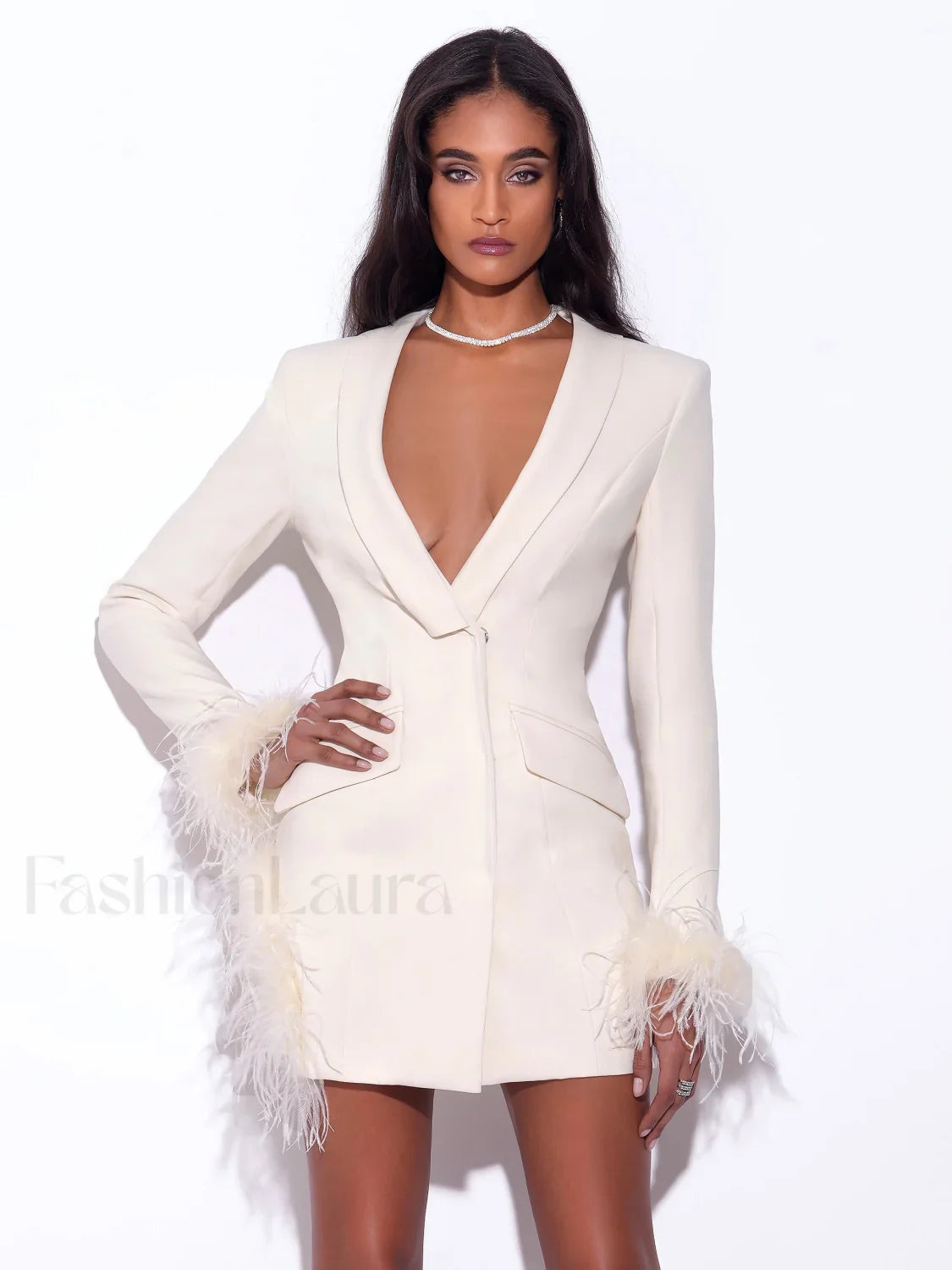 Madeline Pearl White Charming Feather Trim Blazer Dress XXS / US