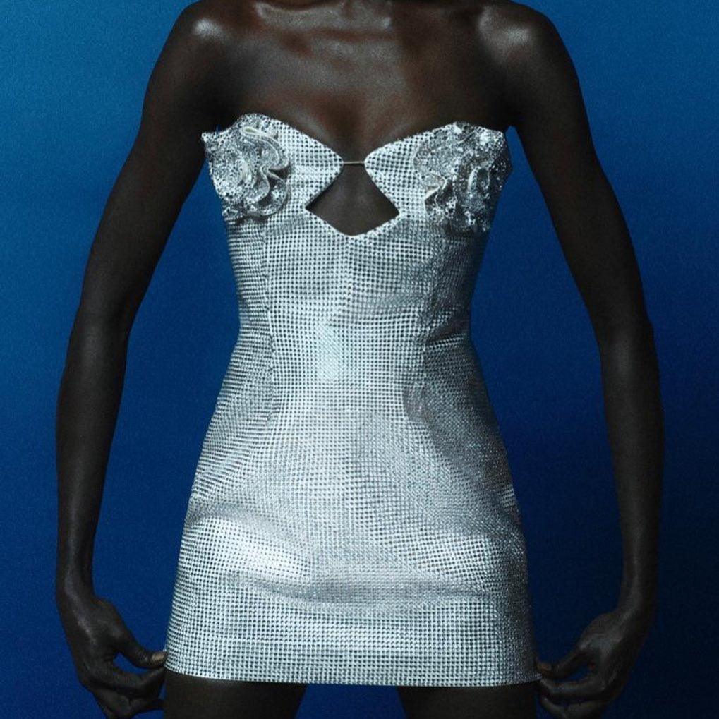 Strapless Rhinestone 3D Rose Applique Cut Out Bodycon Mini Dress