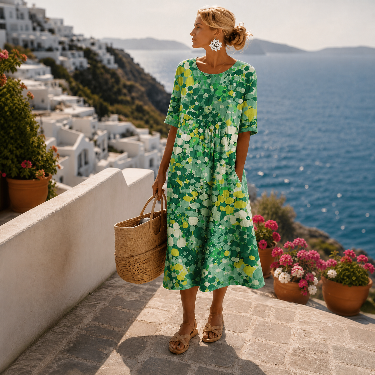 Floral Print Round Neck Short Sleeve Pocket Midi Dress