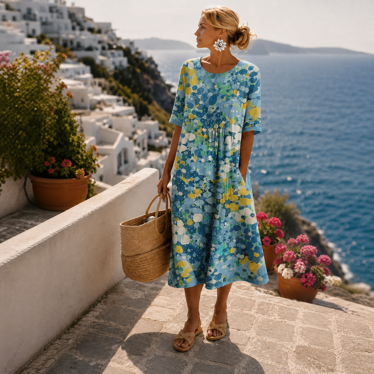 Floral Print Round Neck Short Sleeve Pocket Midi Dress