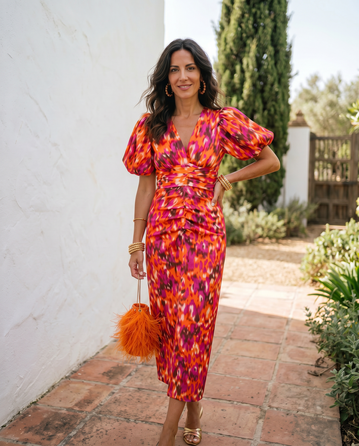 V-Neck Puff Sleeve Animal Print Ruched Midi Dress