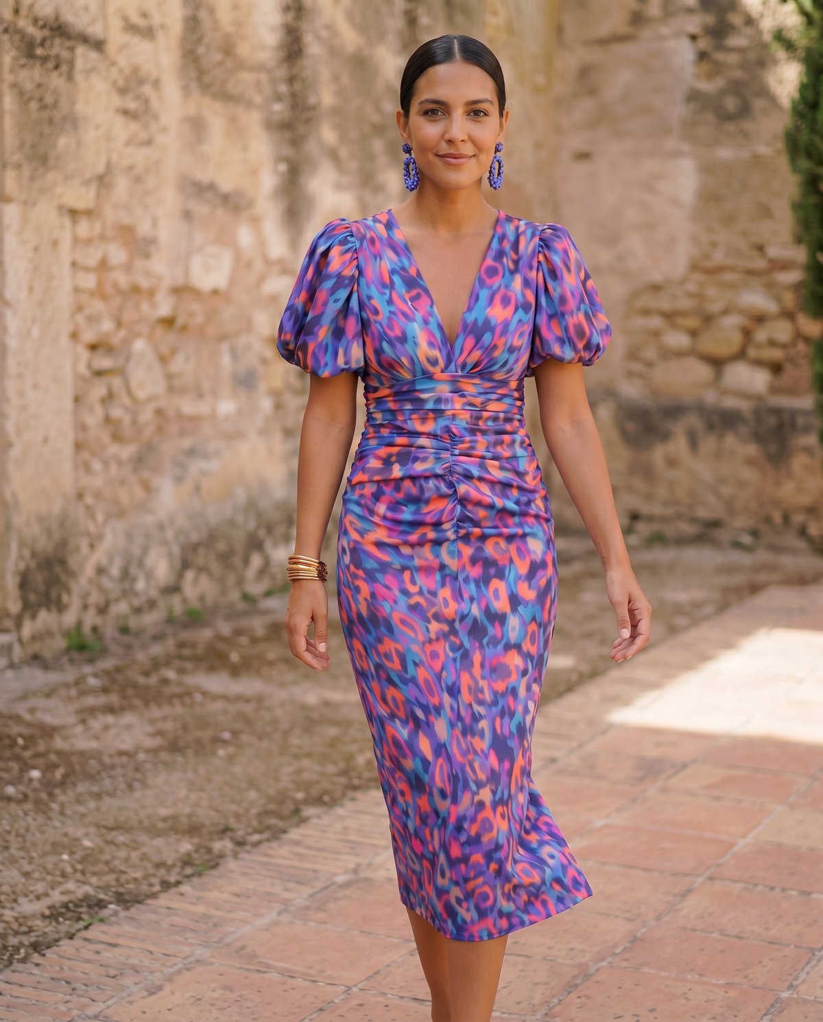 V-Neck Puff Sleeve Animal Print Ruched Midi Dress