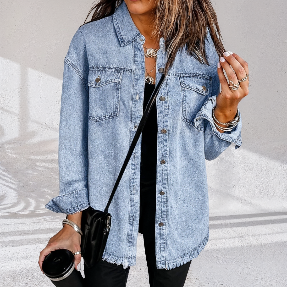 Frayed Hem Chest Pocket Button Front Denim Jacket