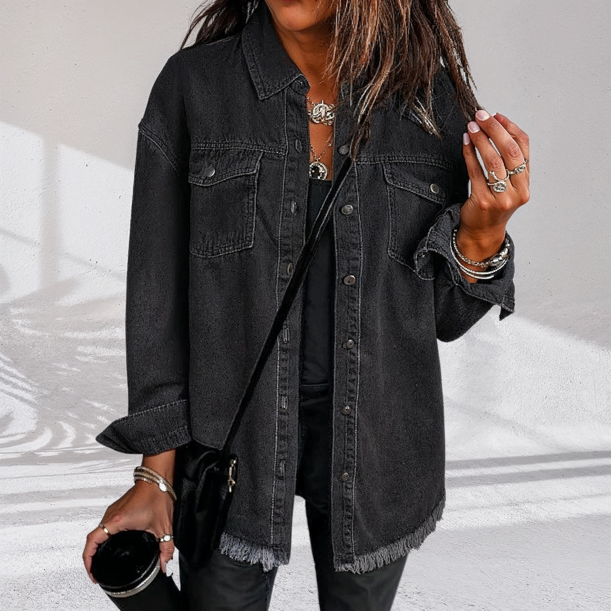 Frayed Hem Chest Pocket Button Front Denim Jacket