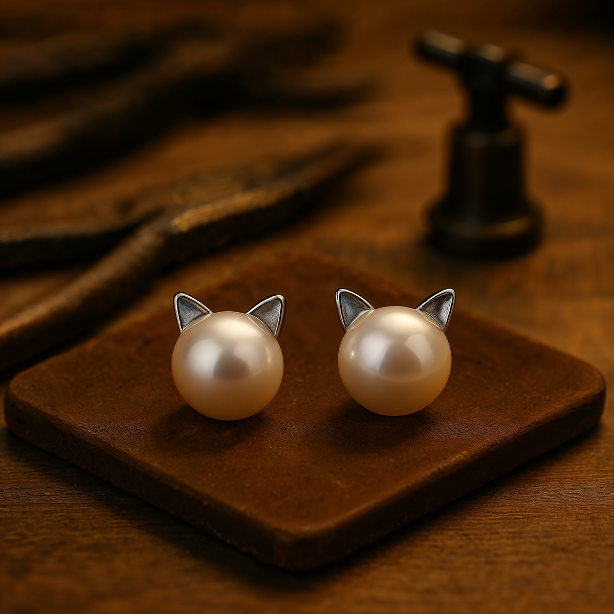 Faux Pearl Cat Ear Stud Earrings