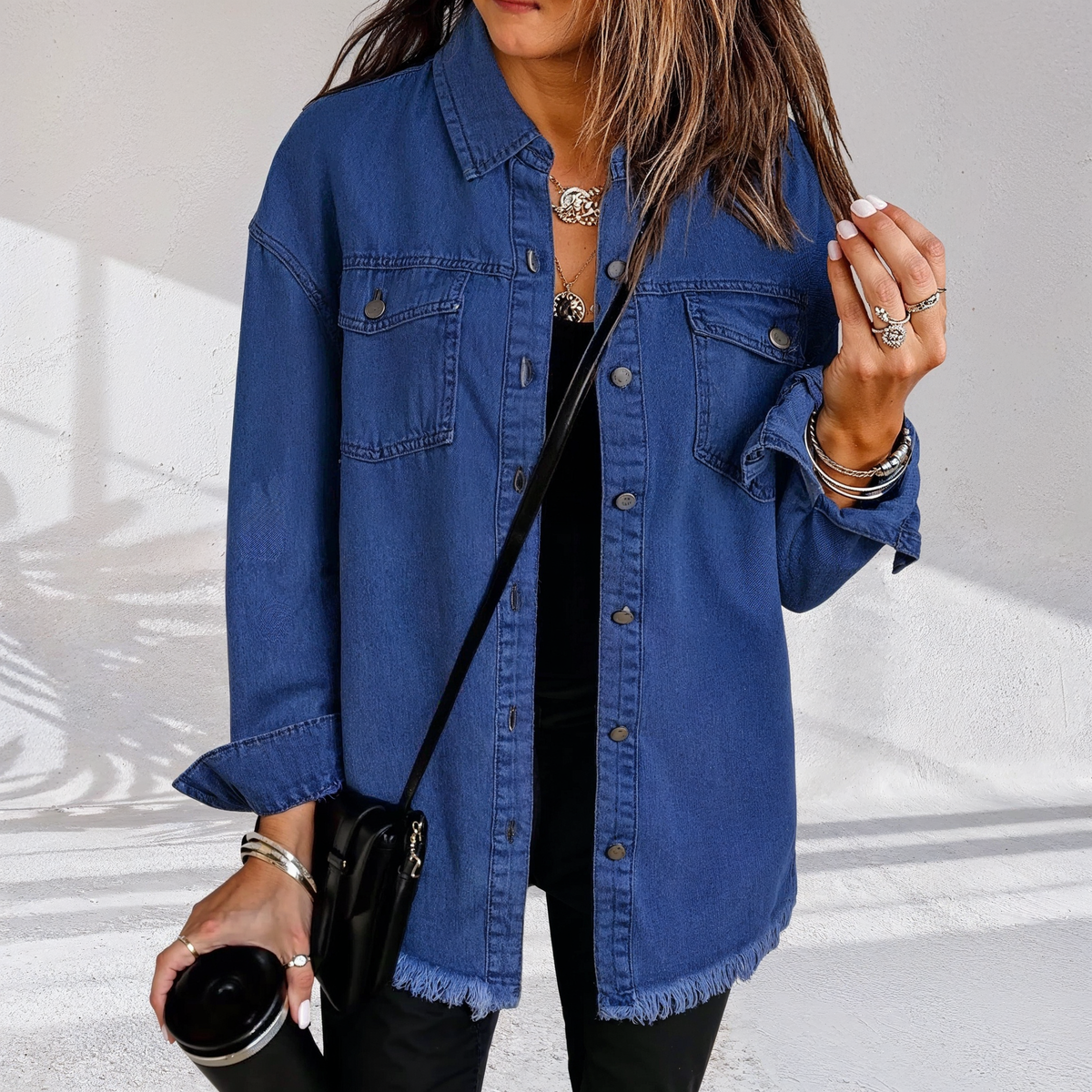Frayed Hem Chest Pocket Button Front Denim Jacket