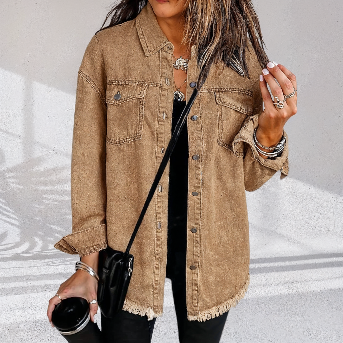 Frayed Hem Chest Pocket Button Front Denim Jacket