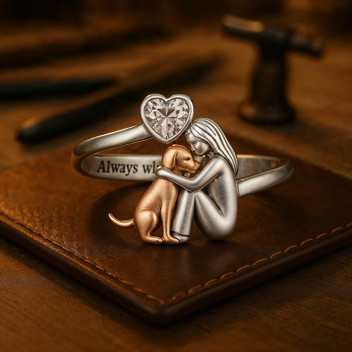 Heart Cut Stone Girl and Dog Adjustable Ring