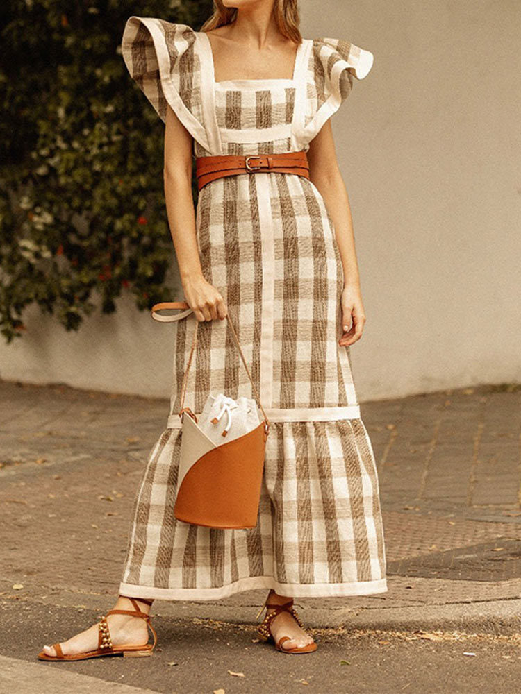 Gingham Check Square Neck Butterfly Sleeve Tiered Panel Maxi Dress