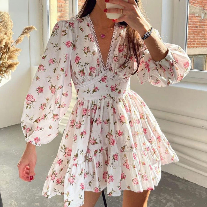 Emery Aesthetic Short Floral Dress with V Neck Designer Edit