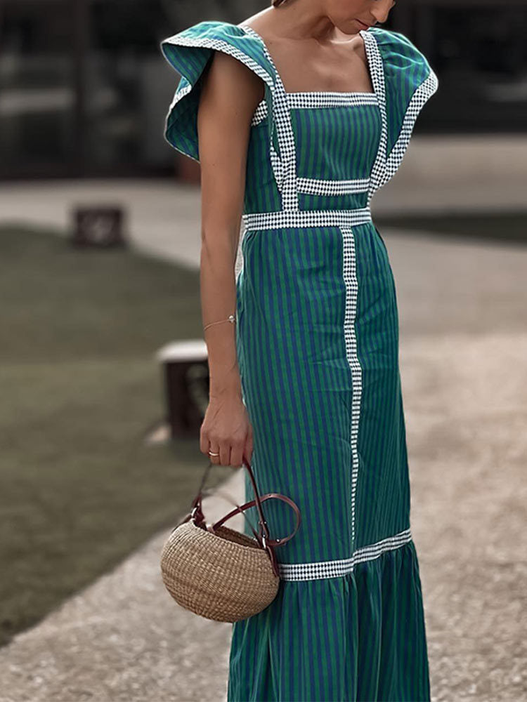 Gingham Check Square Neck Butterfly Sleeve Tiered Panel Maxi Dress