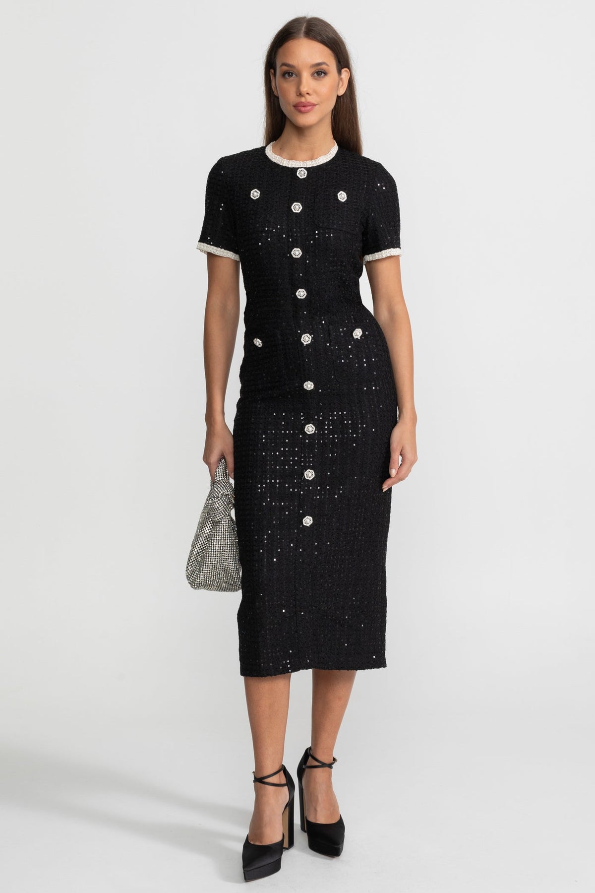 Sequin Tweed Short Sleeve Contrast Trim Button Front Midi Dress