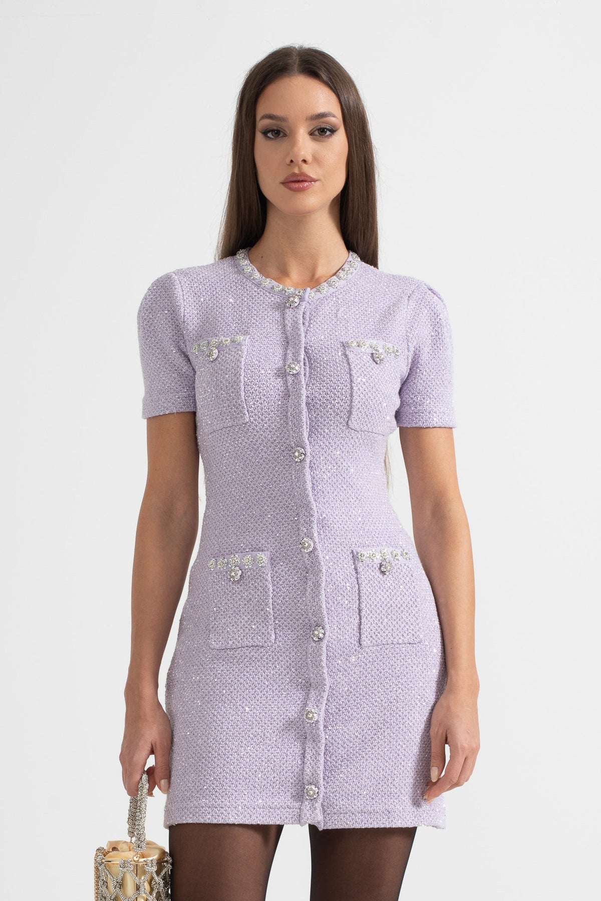 Tweed Crystal Trim Short Sleeve Jeweled Button Four Pocket Mini Dress