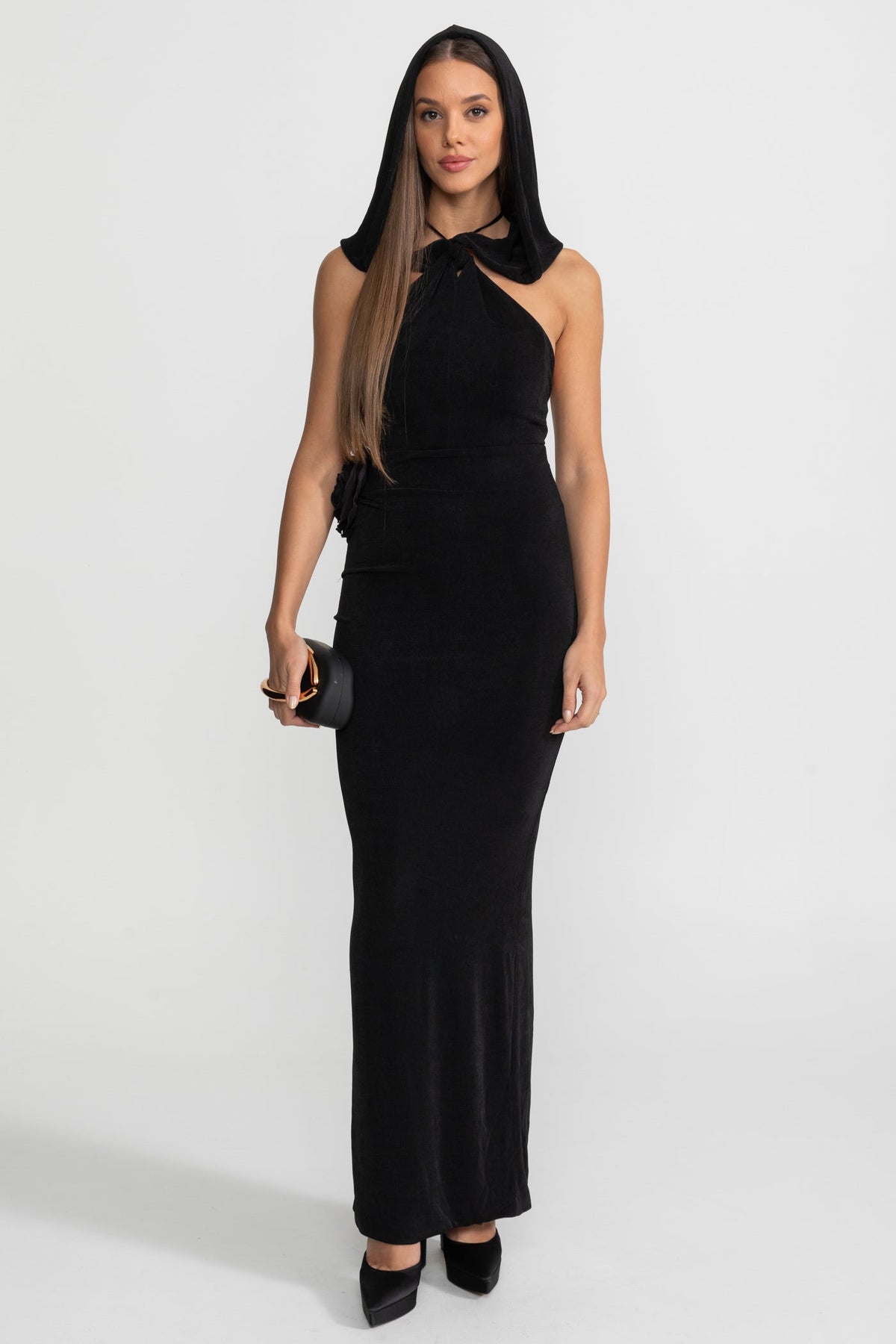Velvet Halter Neck Hooded Side Rosette Bodycon Maxi Dress