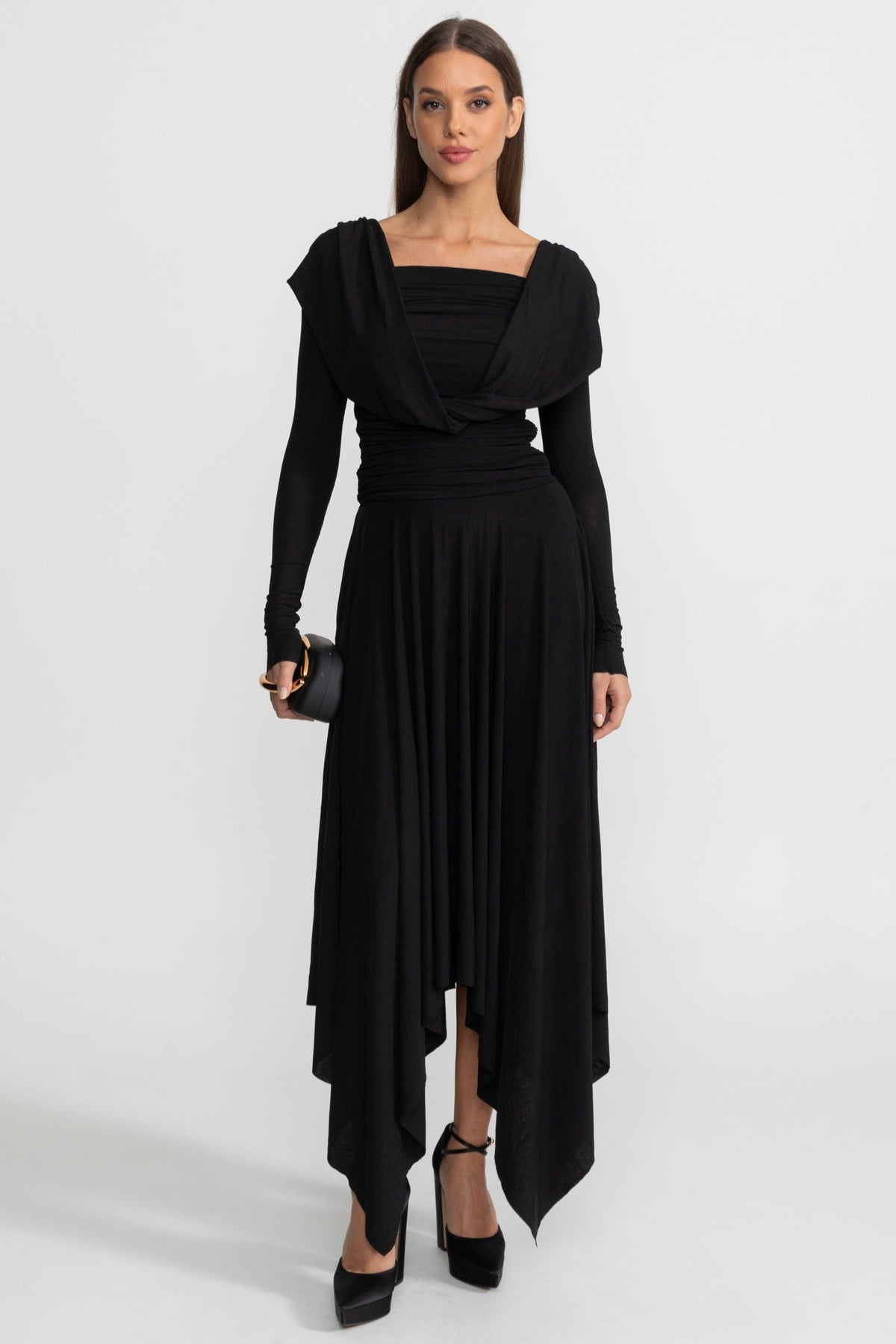 Draped Square Neck Long Sleeve Ruched Waist Handkerchief Hem Midi Dress