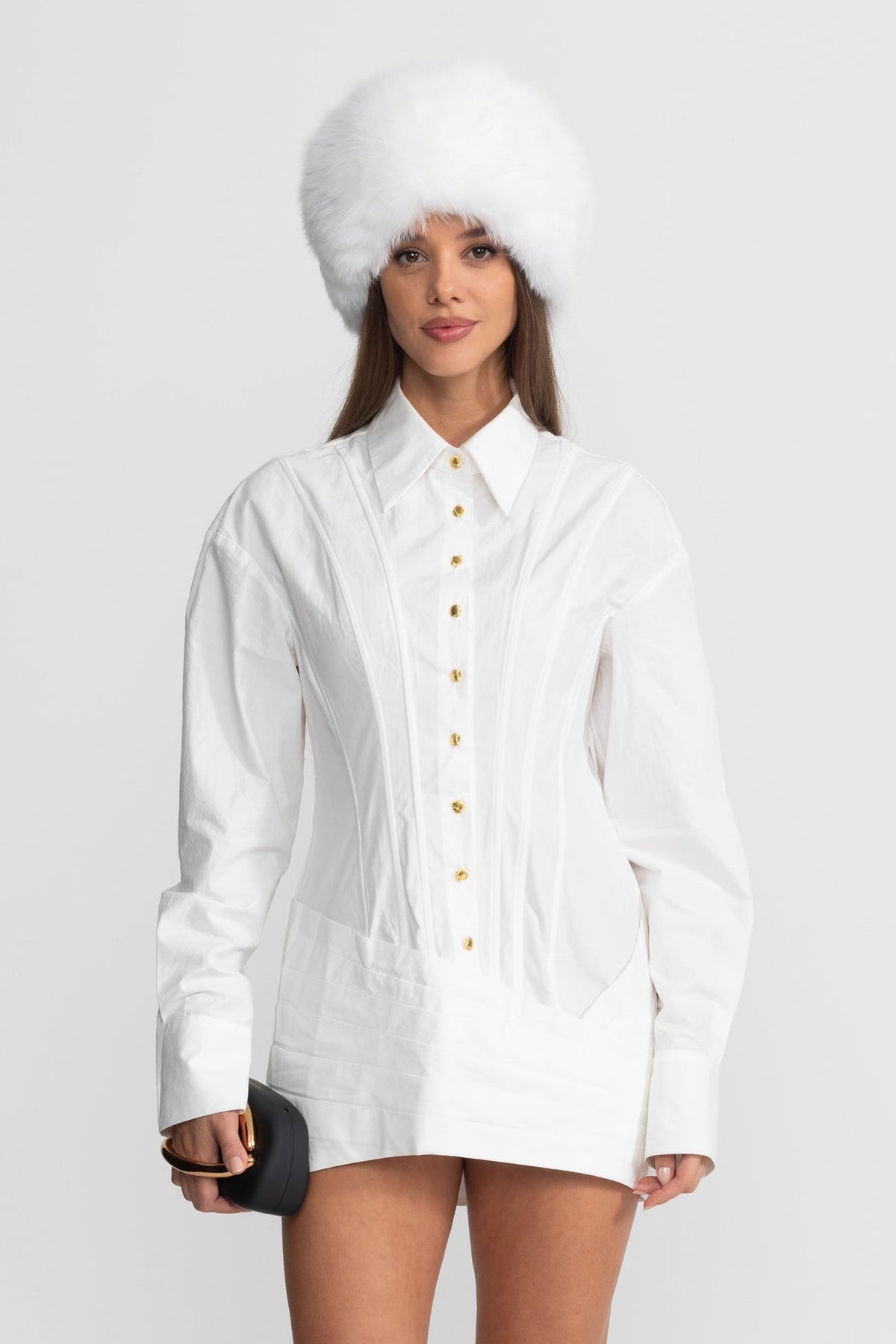 Structured Metallic Button Pintuck Long Sleeve Mini Shirt Dress