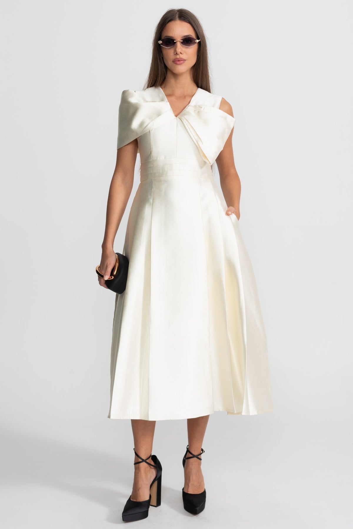Satin V-Neck Oversized Bow Shoulder Sleeveless Pleated A-Line Midi Dress 2