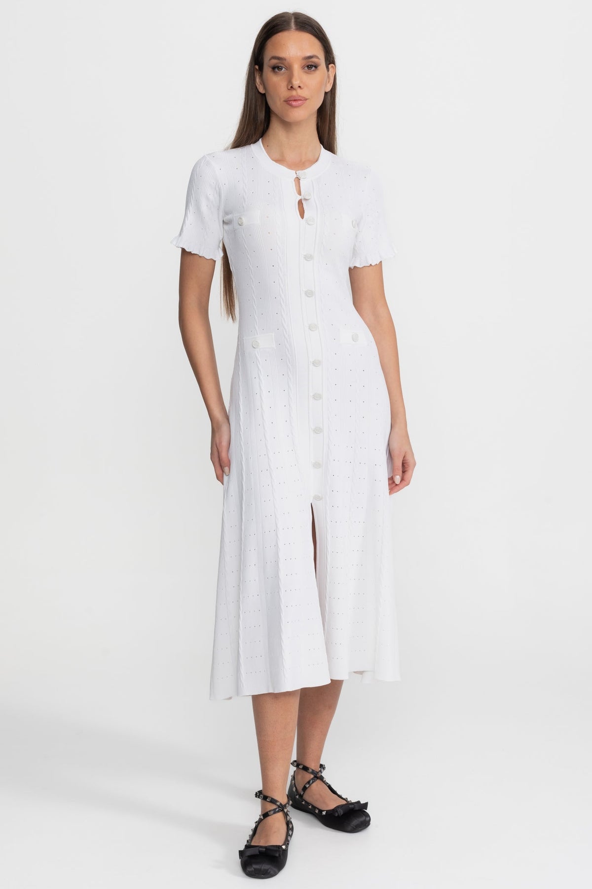 Pointelle Knit Button Front Short Sleeve Ruffle Cuff A-Line Midi Dress 4