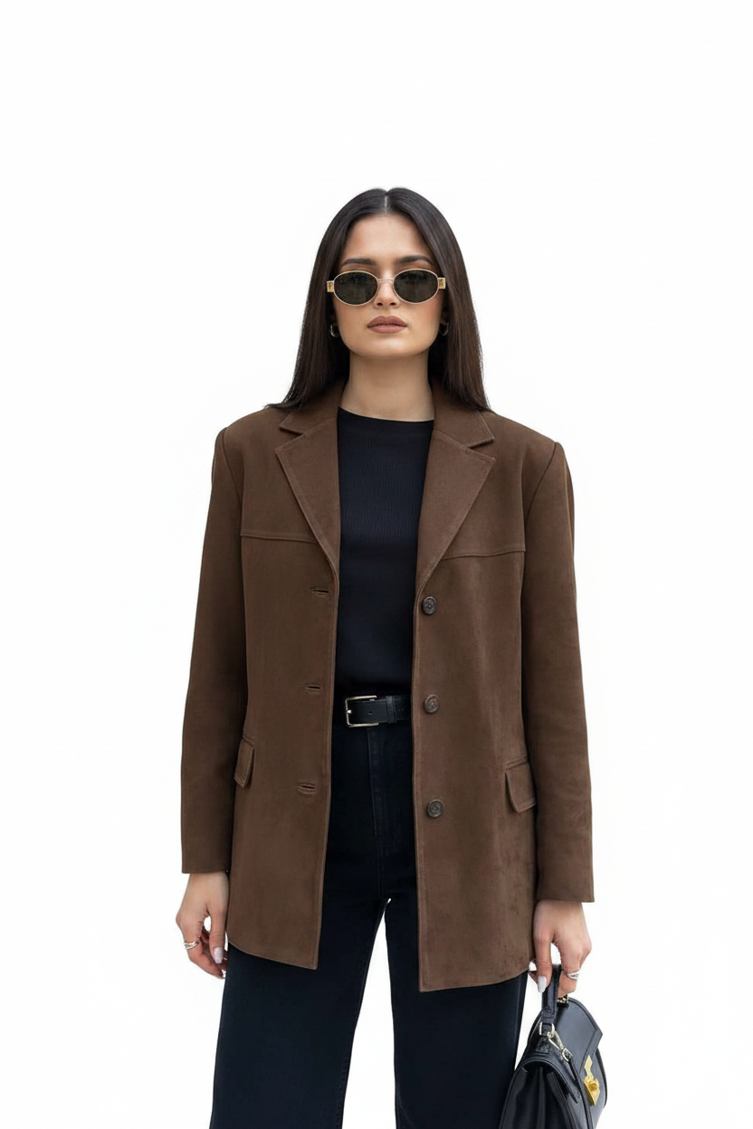 Elegant Brown Tailored Blazer with Padded Shoulders and Slim Fit - Jamota