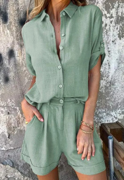 Collared Button Front Shirt and Shorts Two Piece Set