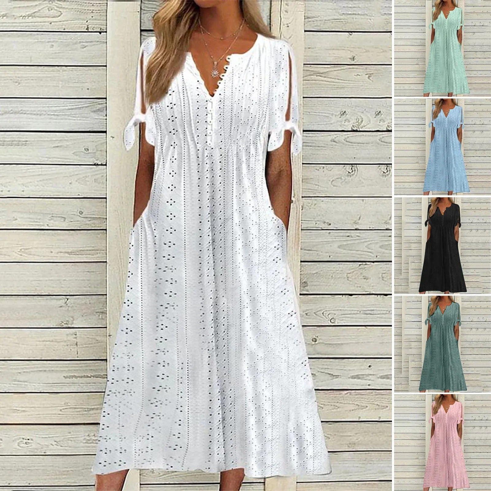 Eyelet Hollow Out V-Neck Button Front Tie Cuff Pocket A-Line Midi Dress